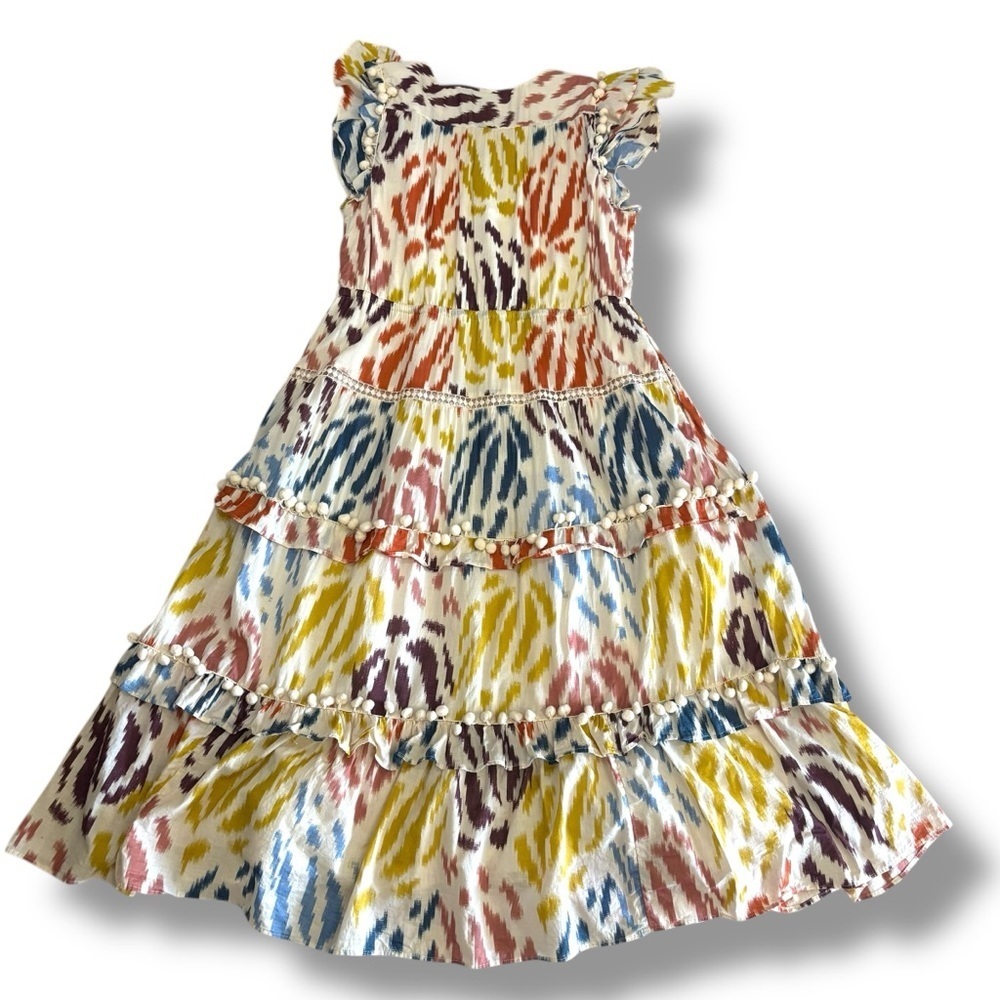 Point Sur J.Crew Cream Multi Color Pom Pom Tiered Midi Dress - Size 14 - Picture 3 of 11